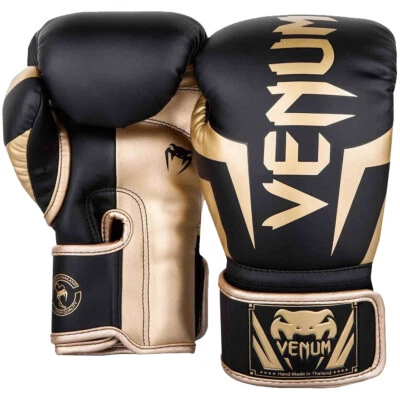 Guantes de boxeo de entrenamiento Venum Elite Skintex de cuero con gancho y bucle - negros/dorados Foto 1 de 4