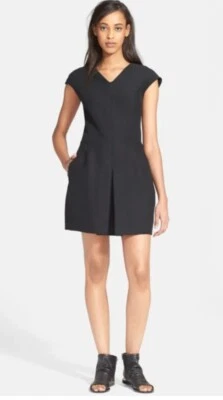 Vince. Inverted Pleat V-Neck Mini Sheath Dress in Black Crepe Size 10 NWT $395 - Image 1 of 4