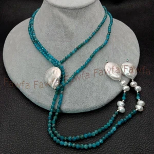 Natural 3mm Faceted Blue Apatite Gems 13-14mm White Coin Pearl Long Necklace 53" - Picture 1 of 6