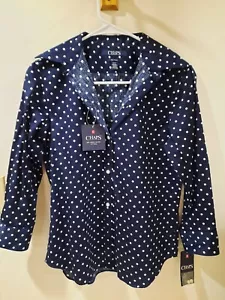 NEW CHAPS WOMENS NAVY/WHITE POLKA DOT BLOUSE 3/4 SLEEVE Size Small. Nice No Iron - Picture 1 of 9