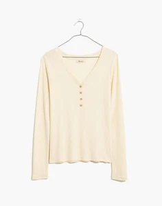 Madewell Langarm V-Ausschnitt Ripp Baumwolle Modal Knopf Henley Elfenbein Damen Große L - Bild 1 von 8