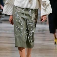NEW Oscar de la Renta Midi Pencil Skirt Green Olive Sequins Silver 0 2 4 XS S