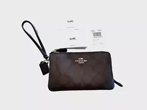 Coach Wristlet Classic Brown & Black New gold trim 2 zip compartments logo handl - Picture 1 of 6