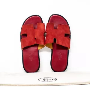 Hermes Izmir Sandals Calfskin Suede Leather Flat Slip On Cherry Red Mens 40 US7 - Picture 1 of 8