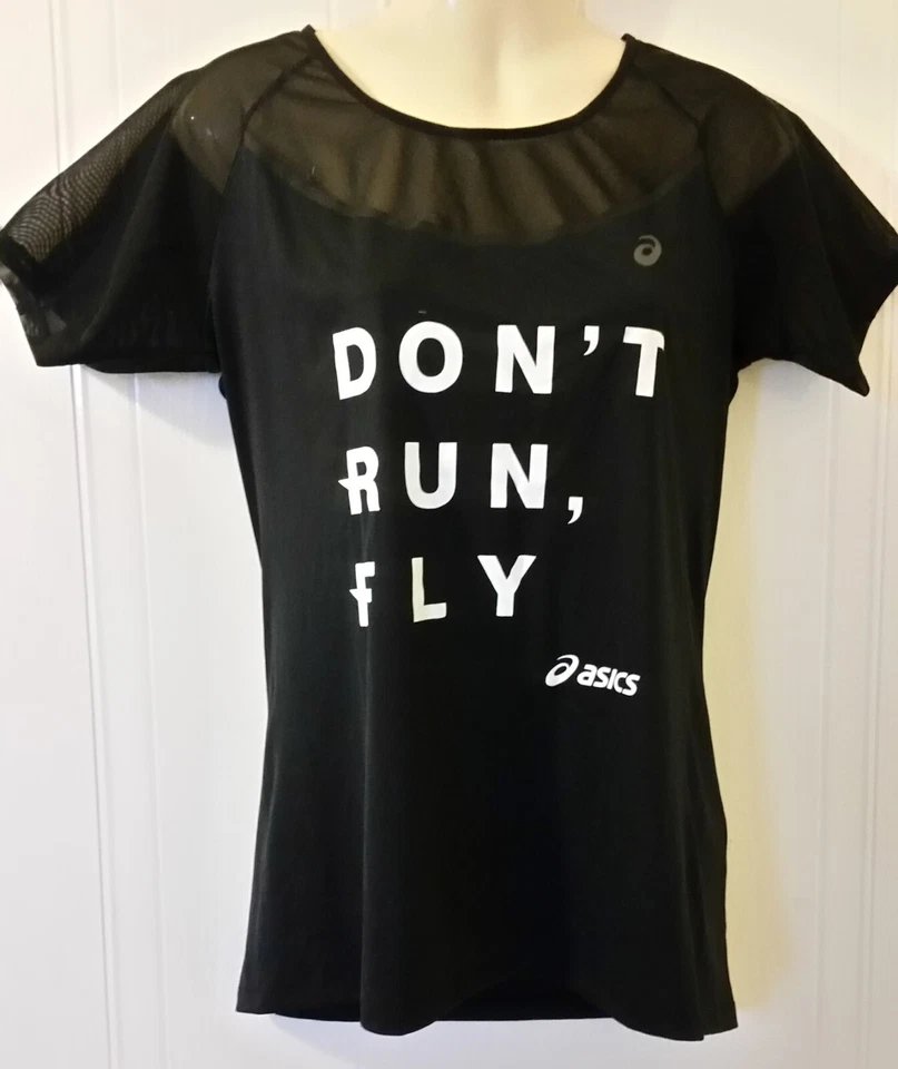 Women's Asics Black Running Active Wear Don't Run Fly' Motion Dry T-Shirt Medium - Image 1 of 4