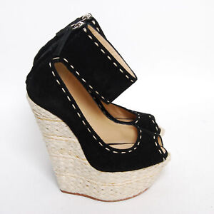 Giuseppe Zanotti Women High Wedge Heels Shoes Black Suede Leather Wicker EU 36