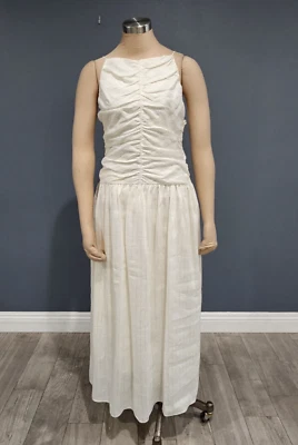 Nwt MASSIMO DUTTI Linen Blend Off White Black Gathered Pinstripe Midi Dress M - Image 1 of 4