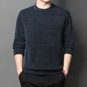 Men Faux Cashmere Knitted Sweater Jumper Slim Knitwear Crew Neck Retro Basic Top - Picture 1 of 18
