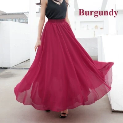 Lady Chiffon Maxi Swing Skirt Elastic High Waist A-line Pleated Dancewear Summer - Image 1 of 4