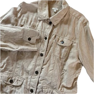 J. Jill 100 % Leinen Knopfleiste Utility Jacke Taschen Denim Stil Beige Large - Bild 1 von 13