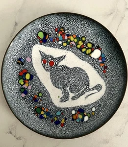 Frank Lee Enamel Red Eye Cat Plate 5 In Signed Mid Century Modern - Picture 1 of 5