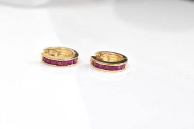 14K Yellow Gold Ruby Hoop Earrings 4.3G - Image 1 of 4