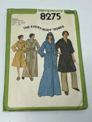 Hooded Robe Pockets Belt Unisex Size Small 32-34 CUT Pattern 8275 Vintage 70s - Image 1 of 2