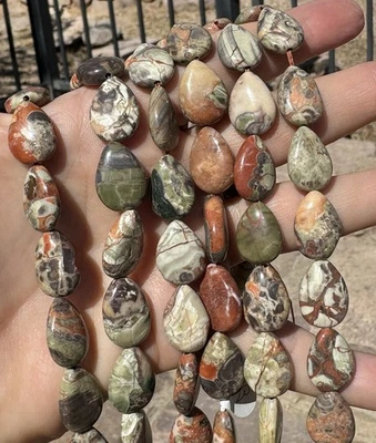 Genuine Green Rhyolite Teardrops Longdrill, 13x18mm, 16" String - Image 1 of 2