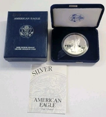 Moneda de dólar American Silver Eagle 2001 W prueba caja original y certificado de autenticidad fecha escrita en caja Foto 1 de 4
