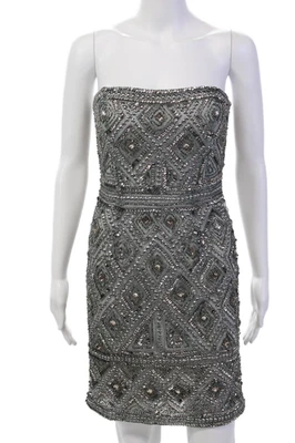 Adrianna Papell Womens Beaded Detail Strapless Dress Blue Silver Size 2 - Image 1 of 4