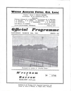 WREXHAM V BARROW ~ 18 DE MARZO DE 1961 ~ PROGRAMA DE FÚTBOL 4ª DIVISIÓN - Imagen 1 de 1