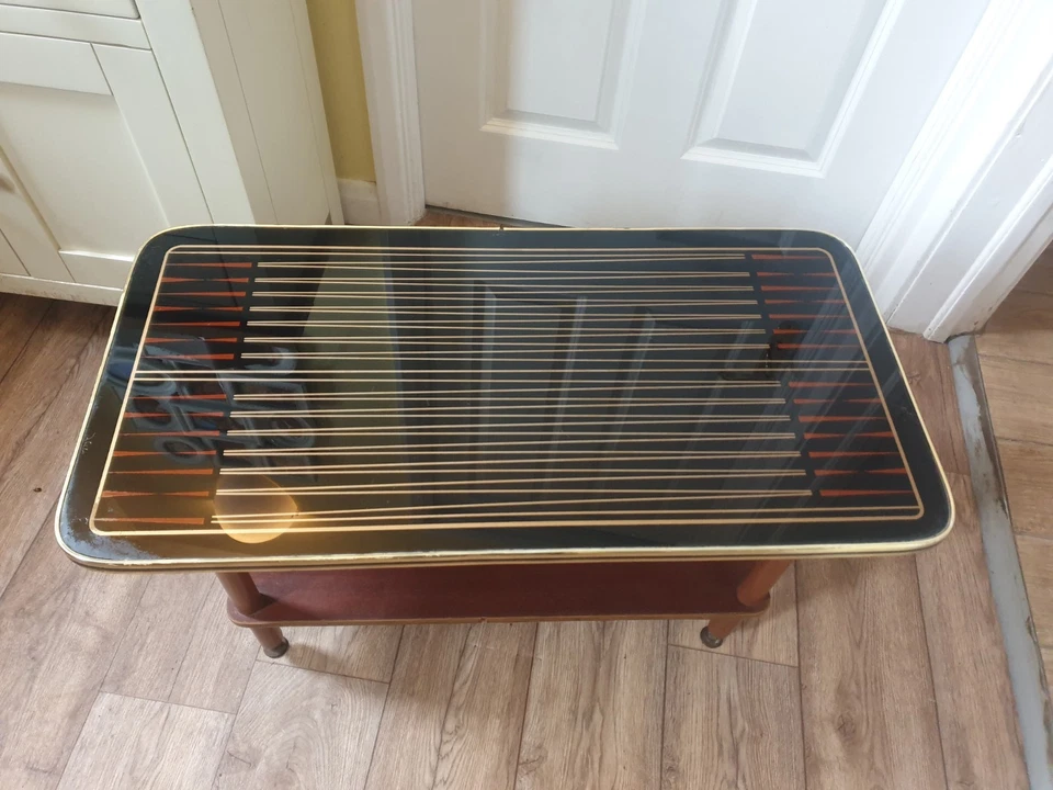 Vintage 1960s Glass Coffee Table Black Striped Pattern. Top Wood Legs. Retro - Image 1 of 4
