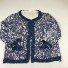 Chicos Cotton Ruffled Cardigan Blue Ivory Print 3/4 Sleeve Knit Sweater 1 Medium