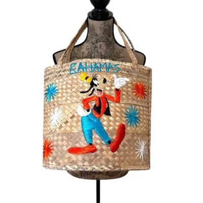 Vintage Bahamas Woven Straw Tote Disney's Goofy Embroidery Floral Lining NWOT - Image 1 of 4