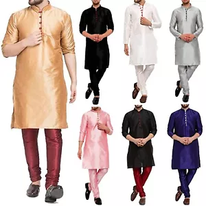 Traditional Plain Full Sleeve Silk Kurta Pajama Regular Fit Party Were For Mens - Picture 1 of 66