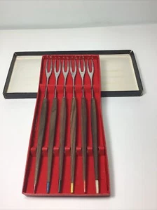 NOS Vintage Stainless Steel Fondue Forks Set of 6 JAPAN Teak Handles 11” - Picture 1 of 8