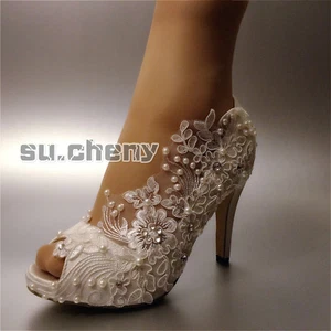 Su.cheny Tacones Satén Blanco Marfil Encaje Gypsophila Puntera Abierta Boda Zapatos de Novia - Imagen 1 de 25