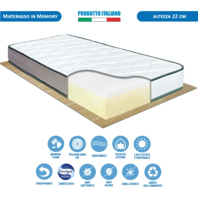 Materasso singolo in memory e waterfoam 80x190 alto 22 cm antiacaro - Immagine 1 di 4