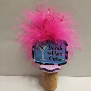 Drink UntilHe's Cute Wine Stopper Pink Feather Top Of Cork 4" Tall - Picture 1 of 5