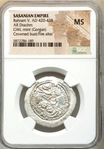 Sasanian Empire King Bahram V AD 420-438 NGC MS Silver Drachm - Picture 1 of 4