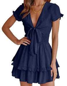 PRETTYGARDEN Women's 2024 Summer Swing Mini Dress V Neck Short Sleeve Ruffle - Picture 1 of 7