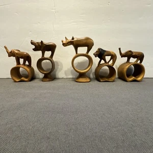 5 Jungle Safari Animals Napkin Rings Holders Hand Carved Wooden - Picture 1 of 5