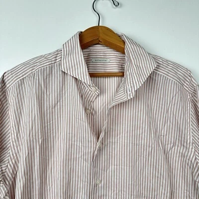 Camisa de vestir Suitsupply Slim Fit Traveller marrón claro a rayas de algodón 25x32 Foto 1 de 4