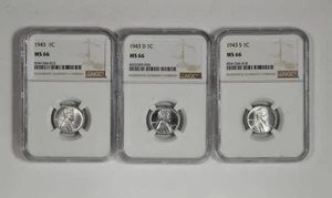 1943 P D S 1C Lincoln Steel Wheat Cent NGC MS 66 Three Coin Lot - Picture 1 of 2