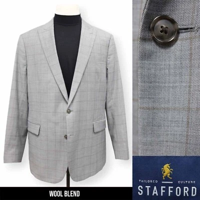 STAFFORD mens gray WINDOWPANE wool sport coat suit jacket blazer 48 L - Image 1 of 4