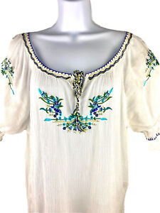 Embroidered Peasant Top With Front Ties, Boho, Hippie