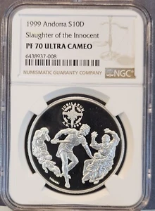 1999 ANDORRA SILVER 10 DINERS SLAUGHTER OF THE INNOCENT NGC PF 70 ULTRA CAMEO - Picture 1 of 3