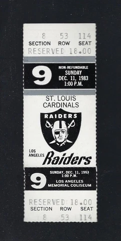 VINTAGE 1983 NFL ST LOUIS CARDINALS @ LOS ANGELES RAIDERS FULL FOOTBALL TICKET Cover