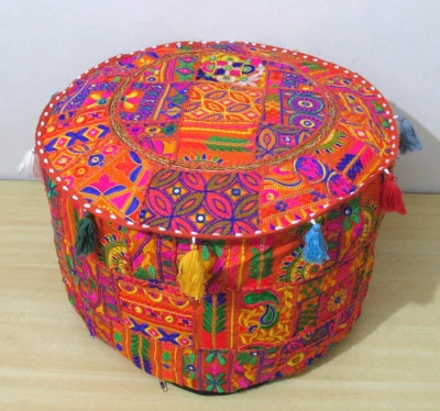 22" Ottoman Cover Vintage Patchwork Ethnic Indian Handmade Round Cotton Pouf - Image 1 of 4