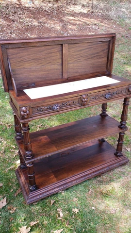 Mid 19th Century Heirloom French Carved Sideboard Buffet Marble Top 2 Drawer Cover