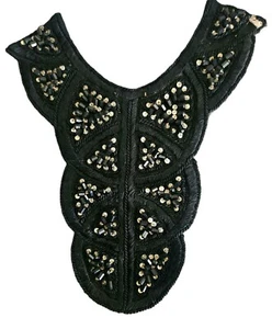 BLACK & GOLD HAND BEADED SEQUIN APPLIQUE VINTAGE LARGE - Picture 1 of 5