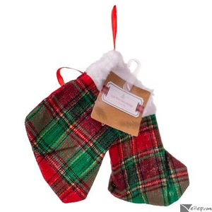 2 CT Gold Accent Tartan Plaid 7" Plush Trim Mini Christmas Stockings, Red Green - Picture 1 of 2
