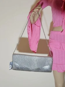 Jessica McClintock Silver V Flap Mesh Ball Flat Combo Evening Purse Clutch Bag - Picture 1 of 4