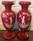 Gorgeous Mary Gregory Glass Victorian Lady Man Red Vases Pair Hand Painted