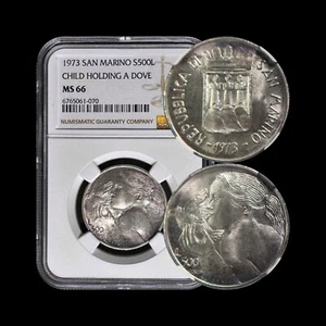 SAN MARINO. 1973, 500 Lire, Silver - NGC MS66 - Girl Holding Dove ๐ Toned - Picture 1 of 5