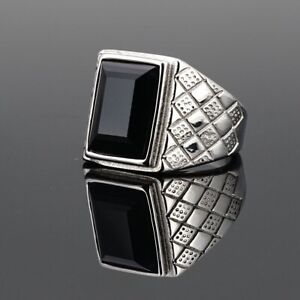 Vintage Men's Black Square CZ Wedding Ring Stainless Steel Classic Signet Ring