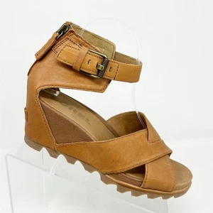 Sorel Joanie II Brown Leather Wedge Sandal Strappy Casual Size 9.5 Back Zipper - Picture 1 of 12