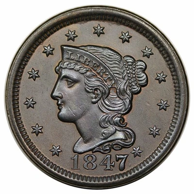 1847/47 Braided Hair Large Cent, Large/Small 47, rare N-31, R5 - Image 1 of 2