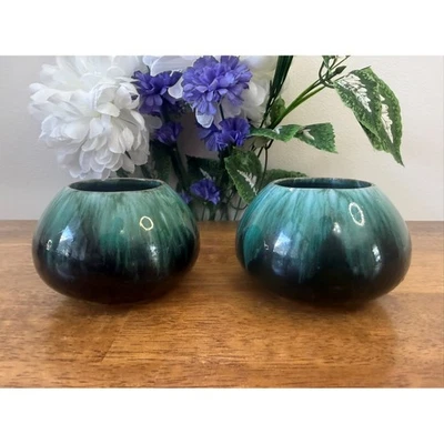 Par de tigela redonda verde cerâmica montanha azul vintage arte canadense decoração MCM - Imagem 1 de 4