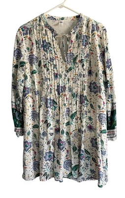 Old Navy White Floral Boho Long Sleeved Short Dress Size M Pin Tuck Bodice Lined - Image 1 of 4
